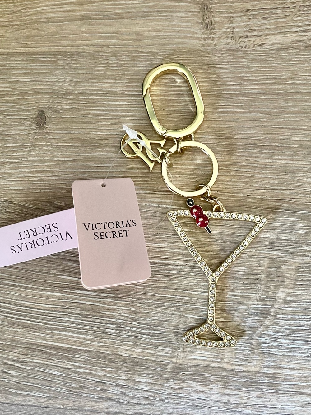 Victoria's Secret Gold Crystal Martini Keychain with Red Cherry Accent
